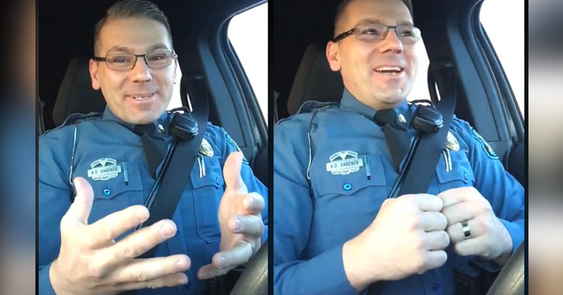 a highway patrolman sitting in his car wearing a blue police uniform talks about merging