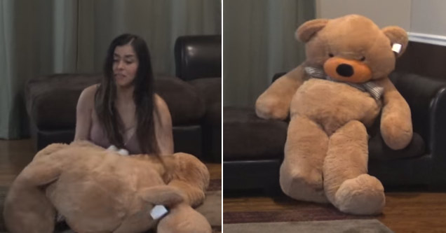 a woman cuts open a giant teddy bear and hides inside to scare her husband ...