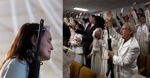 Religious Cult Members Wearing Bullet Adorned Crowns Hold A Ceremony For Their AR-15s