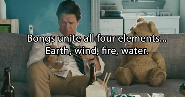 a scene from the movie ted with mark wahlberg and the bear sitting on a couch