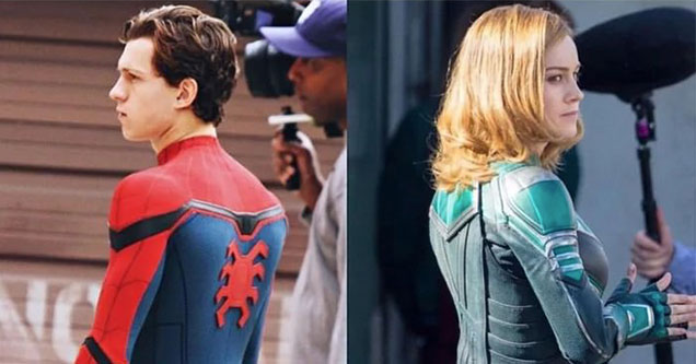 sipder man and captain marvel from behind				           caption contest swag pack prizes win ftw spider man captain marvel mcu comics funny