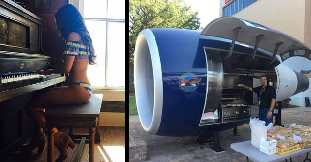 a girl in a bikini playing the piano and a bbq grill made out of a an old jet engine