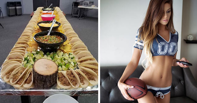 awesome and random pictures | A table full of tacos and fixings and a hot girl in a tiny dallas cowboy outfit