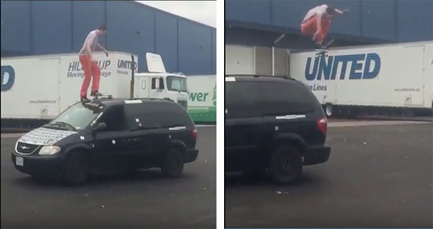 Dude Absolutely Nails Kick-Flip Off Moving Car