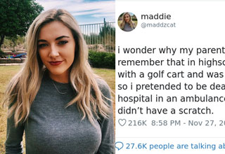 Twitter user @maddzcat describes why her parents hate her by telling the story of the time she faked her own death to get out of trouble. 