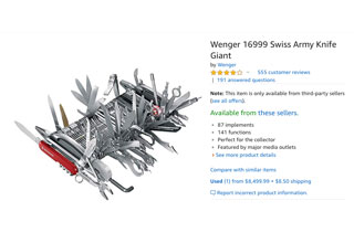 The Wenger 16999 Swiss Army Knife is an absolute beast. It was a whopping 7 lbs, is just shy of a foot long, and is no longer in production. But don't let that stop you from picking one up used for $8,500 on Amazon. 