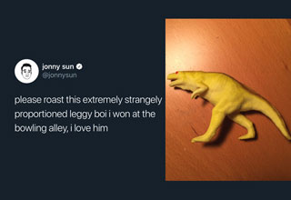 The always hilarious @jonnysun won a weird looking dinosaur toy at a bowling alley and asked Twitter to roast it. Of course, they obliged. 