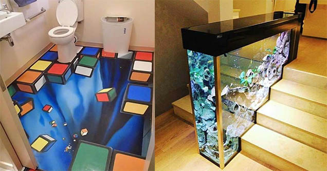 Cool bathroom floor with blocks being sucked into the floor. Aquarium in stairs.