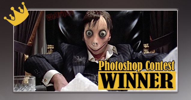 a photo of the meme momo photoshopped on to tony montana from scarface body during the office cocaine scene				           momo meme photoshop contest