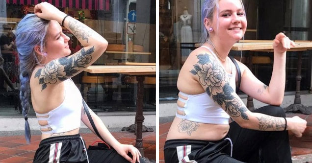 a girl with blue hair and tattoos posing for a photo and then a regular photo of her with her stomach rolls showing