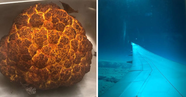 a close up photo of an orange cauliflower that looks like an explosion and a photo from inside an airplane that looks like they are under water