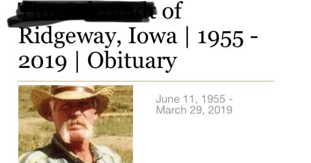 a photo of a mans obituary, he is wearing a cowboy hat in the photo | angle - of Ridgeway, Iowa | 1955 2019 | Obituary