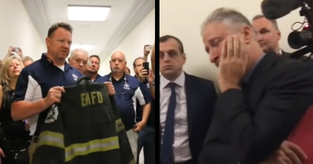 a 9/11 first responder gives an emotional jon stewart a signed jacket