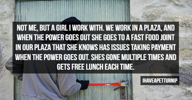 a man using a crowbar on a door in an alley | bareface media - Not Me, But A Girl I Work With. We Work In A Plaza, And When The Power Goes Out She Goes To A Fast Food Joint In Our Plaza That She Knows Has Issues Taking Payment When The Power Goes Out. She