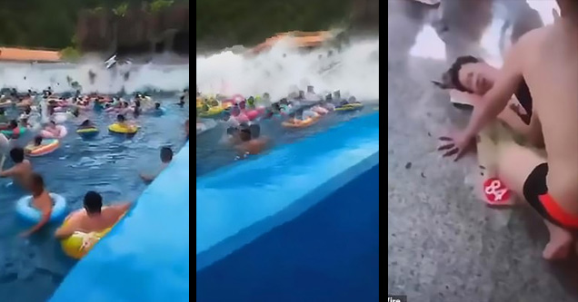 a wave pool at a chinese water park full of people with a tsunami sized wave coming at them | screenshots from a malfunctioned water park in china