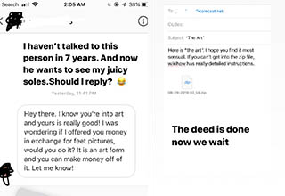 A girl got a random DM from a former classmate offering money for feet photos, calling them "art." She agreed to take them for $50 dollars and she ends up trolling him in the most creative way possible. 