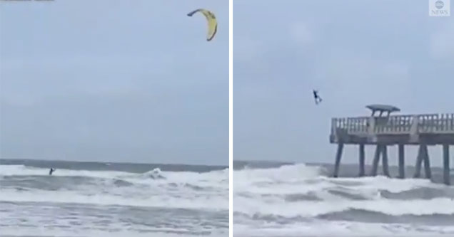 Kitesurfer Jumps Over A Pier Thanks To Hurricane Dorian's Winds 
