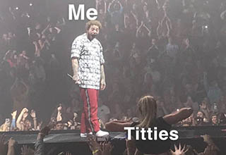 <a href="https://en.wikipedia.org/wiki/Post_Malone" target="_blank">Post Malone</a> getting flashed has become a <a href="https://knowyourmeme.com/memes/woman-flashing-post-malone" target-"_blank">huge meme</a>, and by the looks of it may be the first time he's seen boobs before? On September 28th, 2019, a photo of a woman flashing her boobs at Post Malone was <a href="https://www.reddit.com/r/youseeingthisshit/comments/dah095/post_malone_gets_flashed/" target="_blank">posted to Reddit</a> with the title "Post Malone was in Minnesota last night and got this perfectly timed PG picture of some girl flashing tittys. His face though 