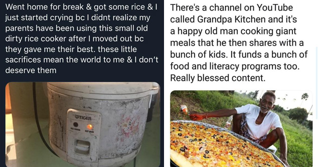 a picture of an old dirty rice cooker and a man sitting next to a huge pizza with text about faith in humanity restored