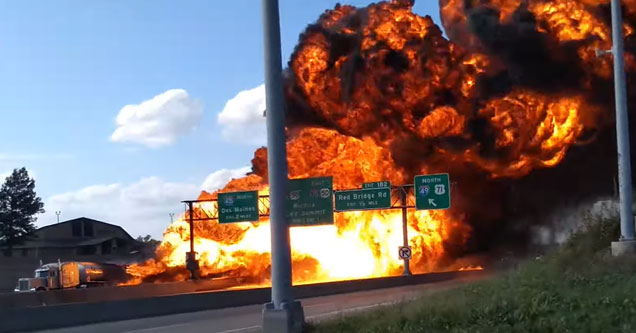 Fuel Tanker Fire Engulfs Highway in Massive Fire