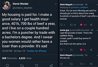 It starts with him offering women 700 lbs of beef a year and somehow gets even weirder.
