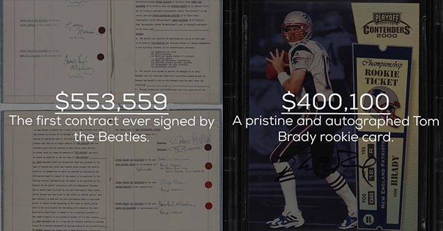 The first contract ever signed by the Beatles and a pristine autographed tom brady rookie card are among the most expensive signed items.