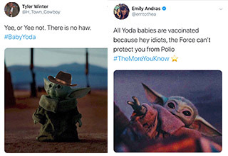 <a href="https://gaming.ebaumsworld.com/pictures/baby-yoda-memes-just-might-be-meme-of-the-year_1/86120858/">Baby Yoda memes</a> are everywhere. This cute little guy has been dominating the meme world this past week and there's no way it's going to slow down. If you haven't seen <em><a href="https://en.wikipedia.org/wiki/The_Mandalorian" target="_blank">The Mandalorian</a></em> you best get on it, <a href="https://www.ebaumsworld.com/articles/all-the-best-disney-memes-and-reactions-from-twitter/86114673/">Disney Plus</a> is only $6.99 a month right now. Cute he is, many toys he will have.