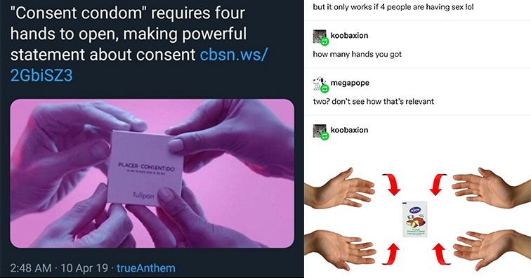 funny Tumblr post about the consent condom | will smith and slightly wider blue will smith - but it only works if 4 people are having sex lol koobaxion how many hands you got Semegapope two? don't see how that's relevant koobaxion Parce Cheese | consent c