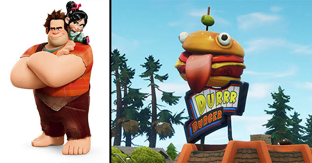 A promo image from Wreck-It-Ralph and a photo of Fortnite Burger from Fortn...