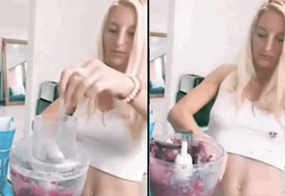 collection of pics and people that are  full of fails  | a blonde woman sticking a spoon in the blender and breaks