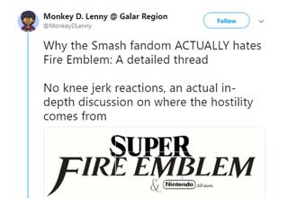 Twitter user MonkeyDLenny explores why the fandom surrounding Super Smash brothers hates the fantasy RPG Fire Emblem. Check out the original thread on <a href="https://twitter.com/MonkeyDLenny/status/1218746583170404352">Twitter.</a>