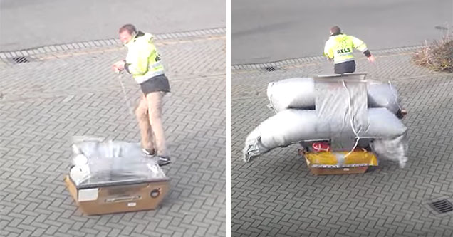 An employee of AELS runs away as an airplane evacuation slide goes off. | cool video showing a evacuation slide opening up from a tiny box