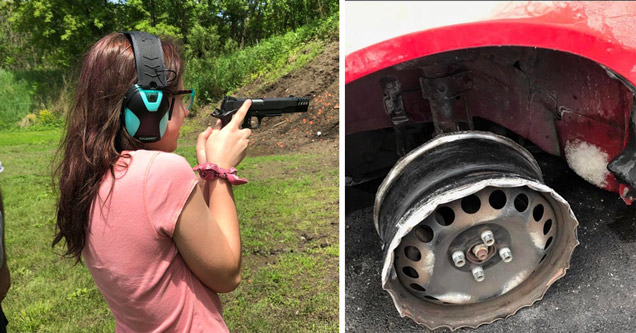 funny dumb pics | girl holding gun wrong - broken tire car rim