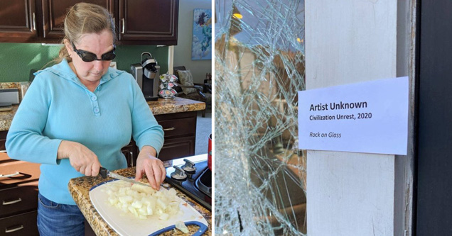 woman wearing swim goggles while cutting onions - broken window artist unknown civilization unrest, 2020