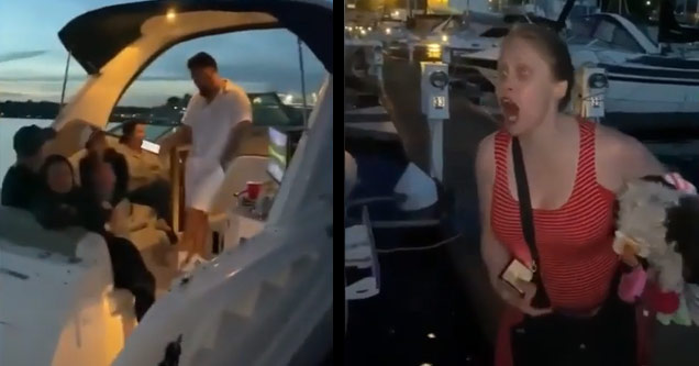 people on a boat and woman yelling at them
