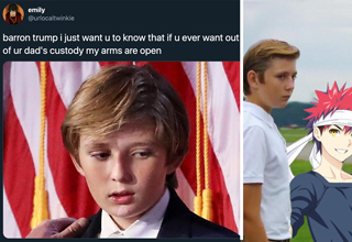 Someone recently discovered that <strong><a href="https://www.ebaumsworld.com/videos/is-barron-trump-autistic/85200482/">Barron Trump</a></strong>, Donald Trump's 14 year-old son, has an account for the video game Roblox, and his bio reads: "I like anime. I play AdoptMe. I'm nice and friendly. I don't like toxic people!!"
</br>
</br>
That info, combined with the many photos and videos where Barron either looks bummed hanging around his dad or where he's actively being ignored by his dad, people decided to start the hashtag #SaveBarron2020 and really spill their love for him.
</br>
</br>
Barron has been known to be an <strong><a href="https://youtu.be/goHumRdMzlw">anime fan</a></strong>, which is another thing people latch onto to claim makes him more of a liberal than right-wing anything. Although watching horny Japanese cartoons doesn't necessarily make you liberal.
</br>
</br>
Considering Barron Trump is just barely a teenager, the responses to this campaign have been overwhelming and kind of creepy, with people offering to adopt him, let him run into their open arms, and photoshop anime collages to try to befriend him.
</br>
</br>
Too bad <strong><a href="https://twitter.com/RealBarronTramp">Barron's Twitter account</a></strong> has been turned into a retweet robot for his dad's politics, otherwise we might actually get a response from him on all this madness.
</br>
</br>
In the meantime, <strong><a href="https://www.ebaumsworld.com/videos/hanson-vs-predator-episode-4/85153244/">click here</a></strong> to continue hanging out with little kids.

