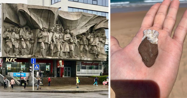 a KFC under a soviet statue and a rock with barnacles that looks like a human heart