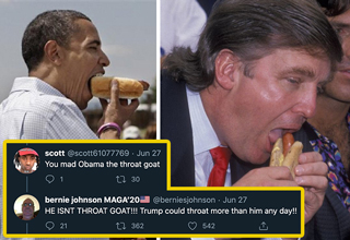 Over the weekend a short debate over <strong><a href="https://www.ebaumsworld.com/pictures/30-hot-dog-memes-and-pics-that-will-leave-you-hungry-for-more/86079450/">hot dogs</a></strong> was hashed out over Twitter, and the results are disturbing to say the least.
</br>
</br>
It all started when someone posted a bunch of photos of <strong><a href="https://www.ebaumsworld.com/videos/obama-dissed-dave-chappelle/85890410/">Barack Obama</a></strong> enjoying hot dogs with the caption "Obama really the glizzy gulper." <strong><a href="https://themlkdeli.com/product/the-glizzy/" target="_blank">'Glizzy'</a></strong> is a Washington, D.C. slang for hot dog (although it also has obvious homoerotic connotations in this context.)
</br>
</br>
Someone responded saying Donald Trump could never deep throat hot dogs like Obama, and an elderly <strong><a href="https://www.ebaumsworld.com/videos/bernie-sanders-wearing-a-maga-hat/86202914/">MAGA fan</a></strong> jumped in to defend his President, saying "Trump could throat more than him any day!"
</br>
</br>
That led to photos of current Presidential candidates and former Presidents going down on wieners, as well as a <strong><a href="https://twitter.com/hashtag/glizzygate?src=hashtag_click" targey="_blank">#GlizzyGate</a></strong> conspiracy that politicians who eat deep-fried corn dogs in lieu of regular hot dogs can't get elected.
</br>
</br>
Would you vote for someone who can't shove an entire <strong><a href="https://www.ebaumsworld.com/videos/waitress-puts-a-customers-hot-dog-where-the-sun-dont-shine/85384011/">hot dog</a></strong> down their throat? I know I wouldn't.