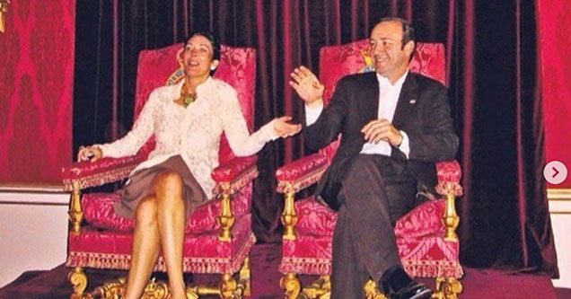 Ghislaine Maxwell and Kevin Spacey sitting in Royal Throne chairs | various celebrities with ghislaine maxwell throughout the years