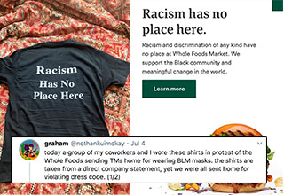 A group of Whole Foods employees staged a protest and for told to go home, for their violation of work dress code, but the irony is that their shirts were made based on official company policies. 