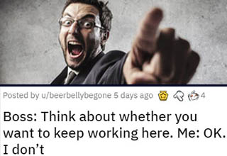There are great bosses, and there are bosses who make you wonder "How tf did you ever get to where you are?"
<br></br>In this case, it's a psycho boss who starts yelling and screaming and berating people the minute something goes wrong. Well, he let his temper get the best of him and ended up firing a great employee while in his rage. What he didn't realize was the several labor laws that were violated by this style of sudden termination. The employee simply kept his cool and <a href="https://www.ebaumsworld.com/pictures/revenge-story-against-employer-shows-why-it-pays-to-know-labor-laws/86296783/" target="_blank">knew his rights</a>, and it cost the boss big time.