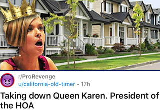 Mmmm, taste the comeuppance! 
<br></br>There's something so satisfying about seeing someone who goes around lording themselves over everyone finally getting knocked down by several pegs. This particular Karen was the president of her neighborhood <a href="https://www.ebaumsworld.com/videos/angela-got-heated-at-the-hoa-meeting/85996565/" target="_blank">Homeowner's Association (HOA)</a> and made life miserable for everyone around her... until the day she pushed someone a little too hard for no reason, and they ended up unraveling her ENTIRE existence.
