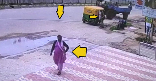 cable snaps and sends a person flying| a woman walking across the street and several yellow arrows pointing at things in the image