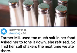 Despite multiple polite requests to lay off the salt because it gives him migraines, this Karen MIL just wouldn't stop oversalting her food. So, he got his <a href="https://www.ebaumsworld.com/pictures/compilation-of-satisfying-petty-revenge-stories/86295576/" target="_blank">petty revenge</a> on - which definitely left a bad taste in her mouth when everyone preferred her now-saltless cooking WAY more than before!