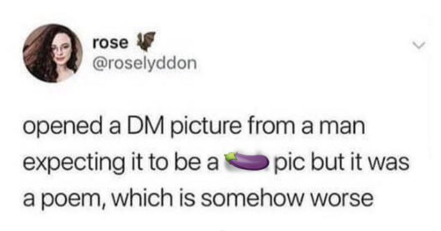 funny memes and tweets | memes about buying guys drinks - rose opened a Dm picture from a man expecting it to be a dick pic but it was a poem, which is somehow worse