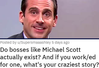 Michael Scott, as played to perfection by Steve Carell in the American version of '<a href="https://www.ebaumsworld.com/pictures/31-the-office-memes-that-will-remind-you-to-watch-the-office-today/86072606/" target="_blank">The Office</a>,' is easily one of TV's most memorable characters. He's the kind of guy who has you absolutely cringing all the time, but also someone you can't quite bring yourself to root against. He also always had his employees' backs - he may have been kind of an idiot, but he was <em>their</em> idiot, damnit!
<br></br>Whether Steve Carell's acting was informed by working with bosses like the ones below, or these are cases of life imitating art, we will forever know weird bosses as Michael Scott-types. 