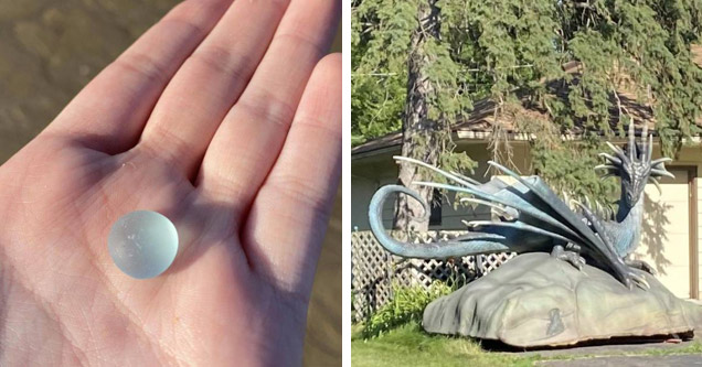 cool and interesting pics | a man holding a piece of round sea glass and a dragon car cover