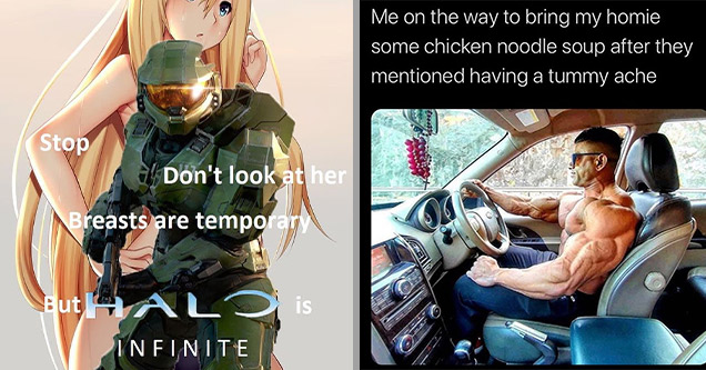 a meme with master chief from halo blocking an anime girl