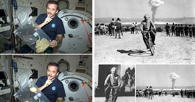 list of fake viral photos - chris hadfiel with a fake bag of weed and albert Einstein riding away from a nuclear blast