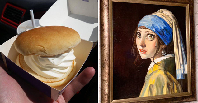 mcdonald's ice cream sandwich with hamburger buns - girl with a pearl earring with anime eyes